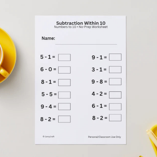 A4 Subtraction Worksheets 0–10 | 10 Printed Sheets | KS1