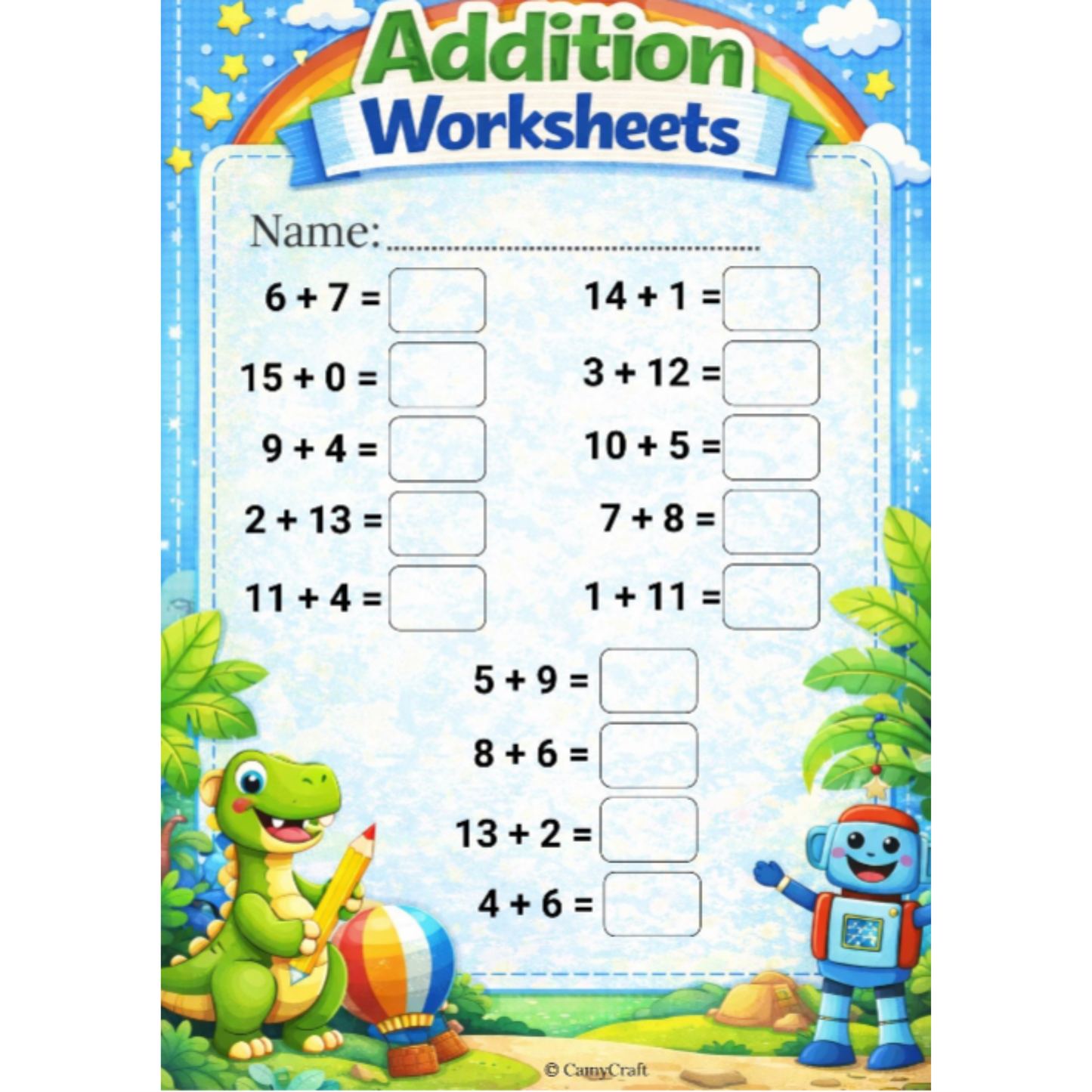 Printable Addition Worksheets (1–15) for Kindergarten & 1st Grade | 7 Themed Pages PDF