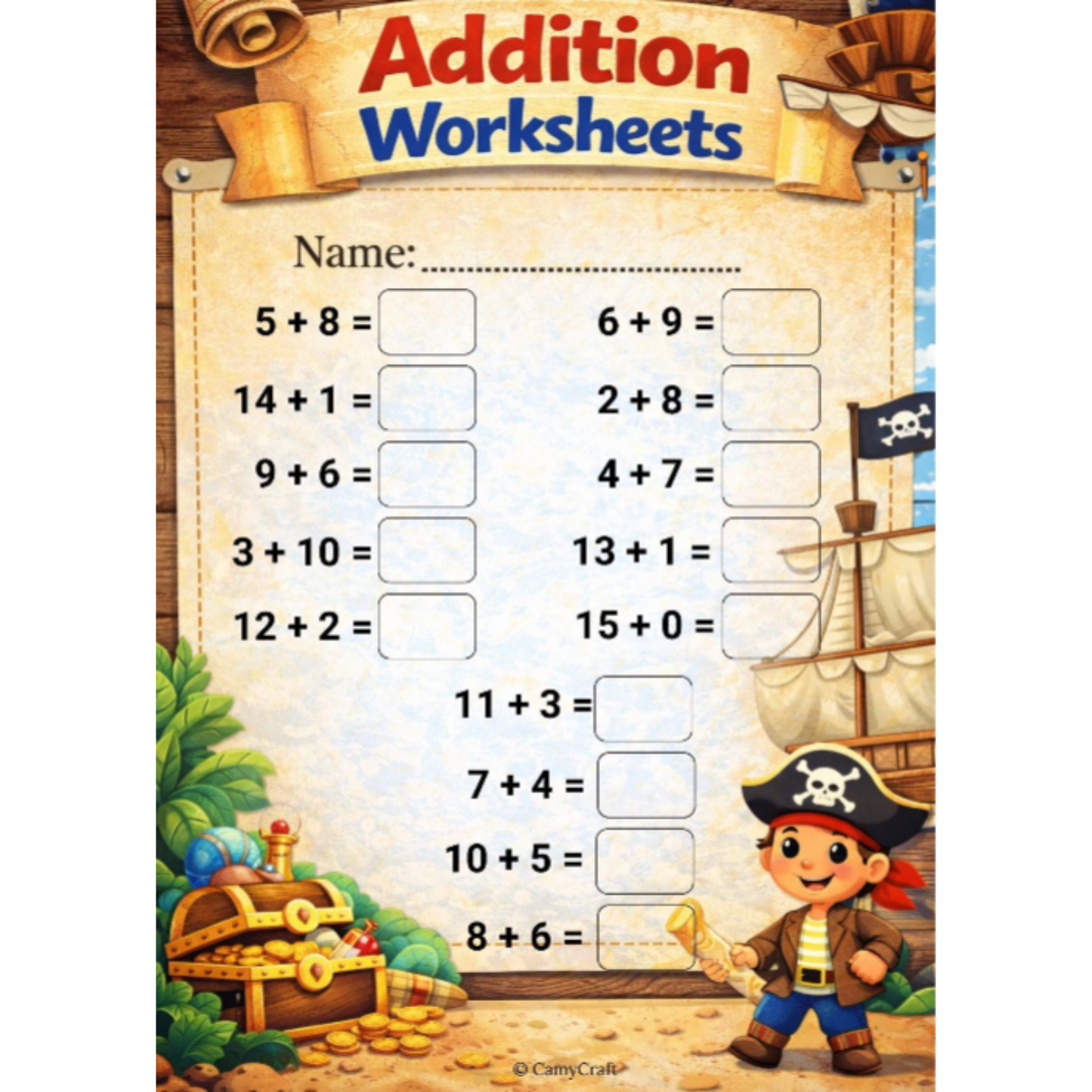 Printable Addition Worksheets (1–15) for Kindergarten & 1st Grade | 7 Themed Pages PDF