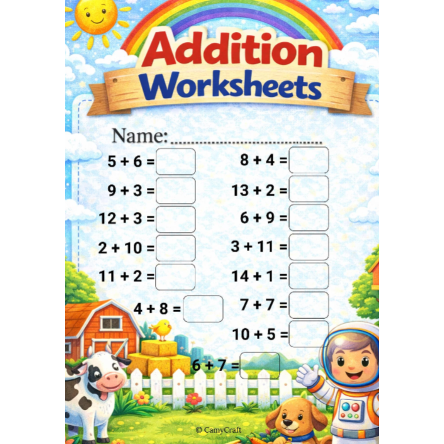 Laminated Addition Worksheets 1–15 | 7 Themed Sheets A4 | Kindergarten & 1st Grade | Includes Marker & Eraser