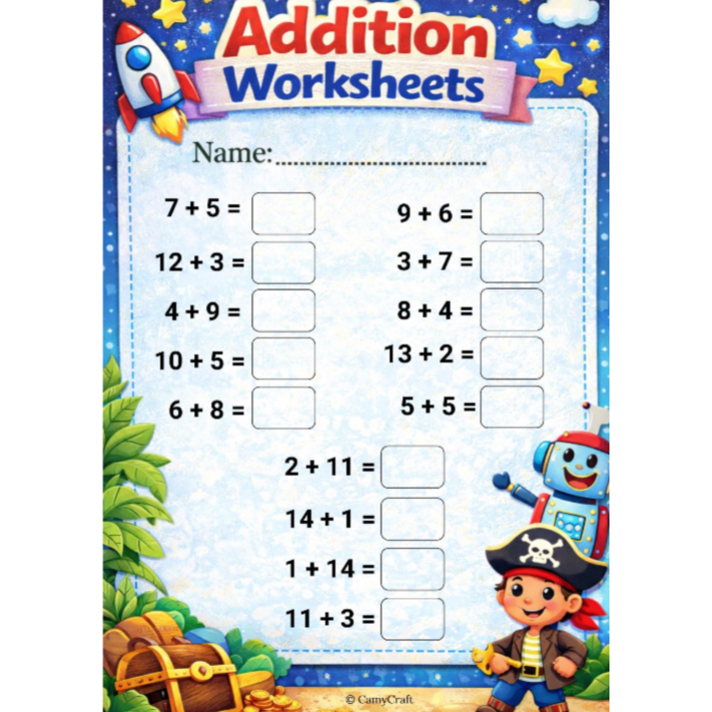 Printable Addition Worksheets (1–15) for Kindergarten & 1st Grade | 7 Themed Pages PDF