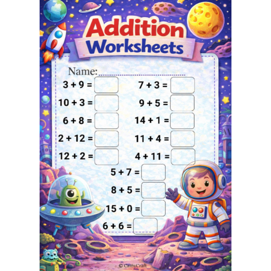 Printable Addition Worksheets (1–15) for Kindergarten & 1st Grade | 7 Themed Pages PDF