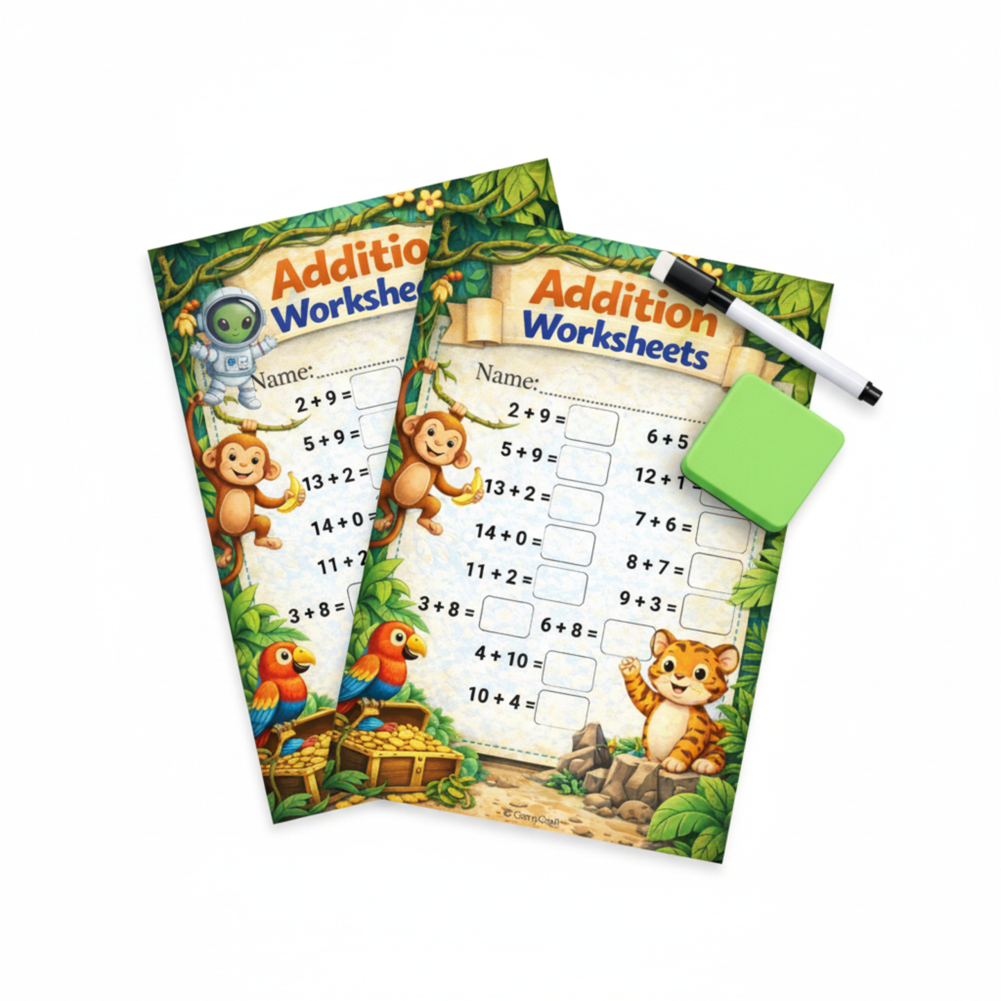 Laminated Addition Worksheets 1–15 | 7 Themed Sheets A4 | Kindergarten & 1st Grade | Includes Marker & Eraser