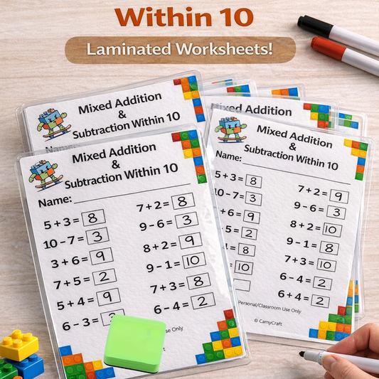 Laminated Mixed Addition & Subtraction Worksheets 0–10 | A4 | KS1 | Includes Marker & Eraser