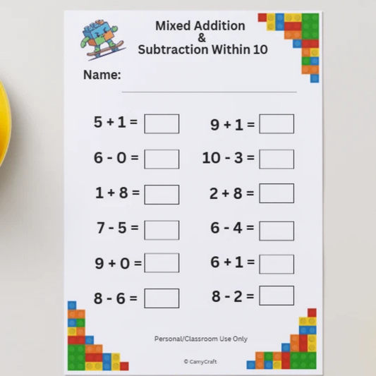 A4 Mixed Addition & Subtraction Worksheets 0–10 | 10 Printed Sheets | KS1