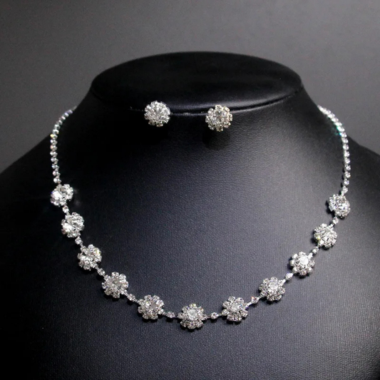 Luxurious Rhinestone Bridal Jewelry Set | Flower Tassel Earrings & Necklace