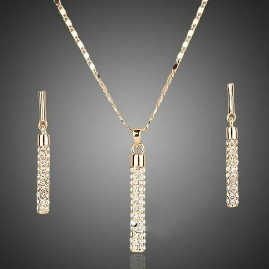 Geometric Zircon Cylinder Jewelry Set | Classic Earrings & Necklace Gold Silver