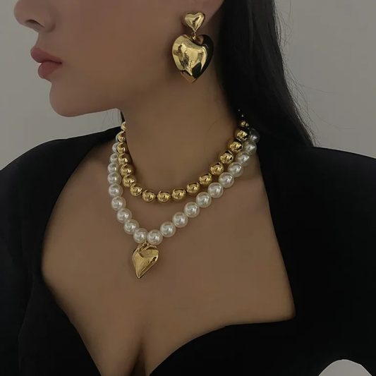 Pearl Heart Gold Jewelry  | Elegant Retro Set of 2 Necklace for Women
